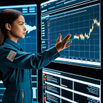 A professional female data analyst in a modest, futuristic utility jumpsuit, intensely focused on large translucent screens displaying intricate holographic data visualizations of resource graphs, supply lines, and production forecasts in a high-tech control room. She subtly gestures at the projections, indicating deep thought and analysis. Cinematic lighting, ultra-realistic, fully clothed, appropriate attire, safe for work, perfect anatomy, natural proportions, professional photography, high quality, well-formed hands, proper finger count, natural body proportions, appropriate content, modest clothing.