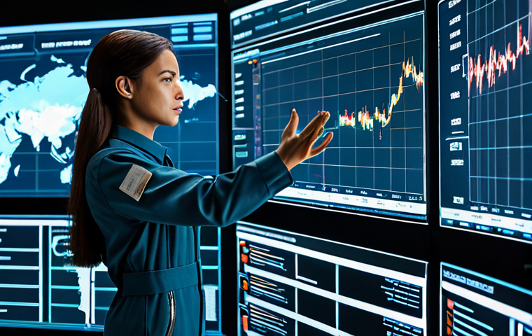 A professional female data analyst in a modest, futuristic utility jumpsuit, intensely focused on large translucent screens displaying intricate holographic data visualizations of resource graphs, supply lines, and production forecasts in a high-tech control room. She subtly gestures at the projections, indicating deep thought and analysis. Cinematic lighting, ultra-realistic, fully clothed, appropriate attire, safe for work, perfect anatomy, natural proportions, professional photography, high quality, well-formed hands, proper finger count, natural body proportions, appropriate content, modest clothing.