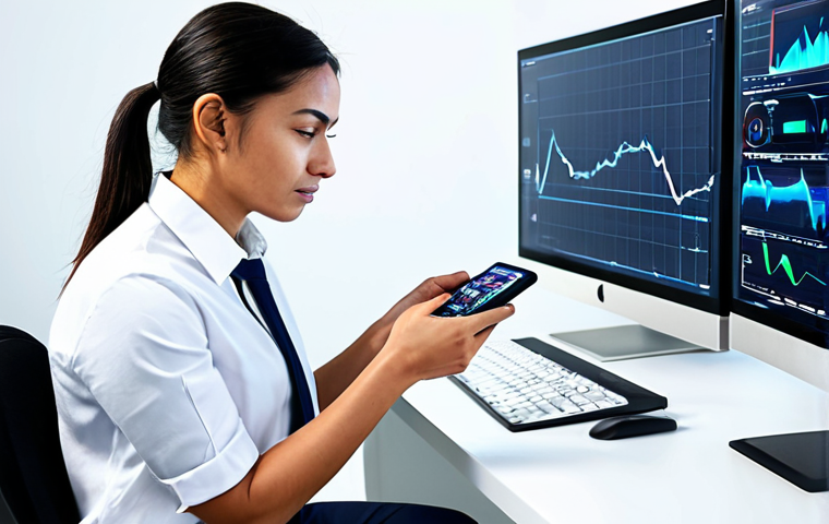 A focused professional tech expert, male or female, in a modest business casual shirt and trousers, intently examining a high-performance mobile gaming device held in their hands. The setting is a clean, well-lit modern tech lab with abstract digital performance graphs in the background. Their expression is analytical and concentrated, suggesting deep optimization. fully clothed, modest clothing, appropriate attire, professional dress, safe for work, appropriate content, professional, perfect anatomy, correct proportions, natural pose, well-formed hands, proper finger count, natural body proportions, high quality, studio lighting, professional photography.