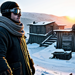 **

"A fully clothed hero, standing guard on a fortified wall of a settlement in a frozen wasteland, safe for work, appropriate content, professional. The hero is wearing practical, modest winter gear, complete with goggles and scarf. Behind them, sturdy wooden and stone structures are visible. The scene is lit by the warm glow of internal lights contrasting with the harsh, snowy environment, well-formed hands, proper finger count, natural body proportions, professional, detailed digital painting, perfect anatomy, correct proportions."

**