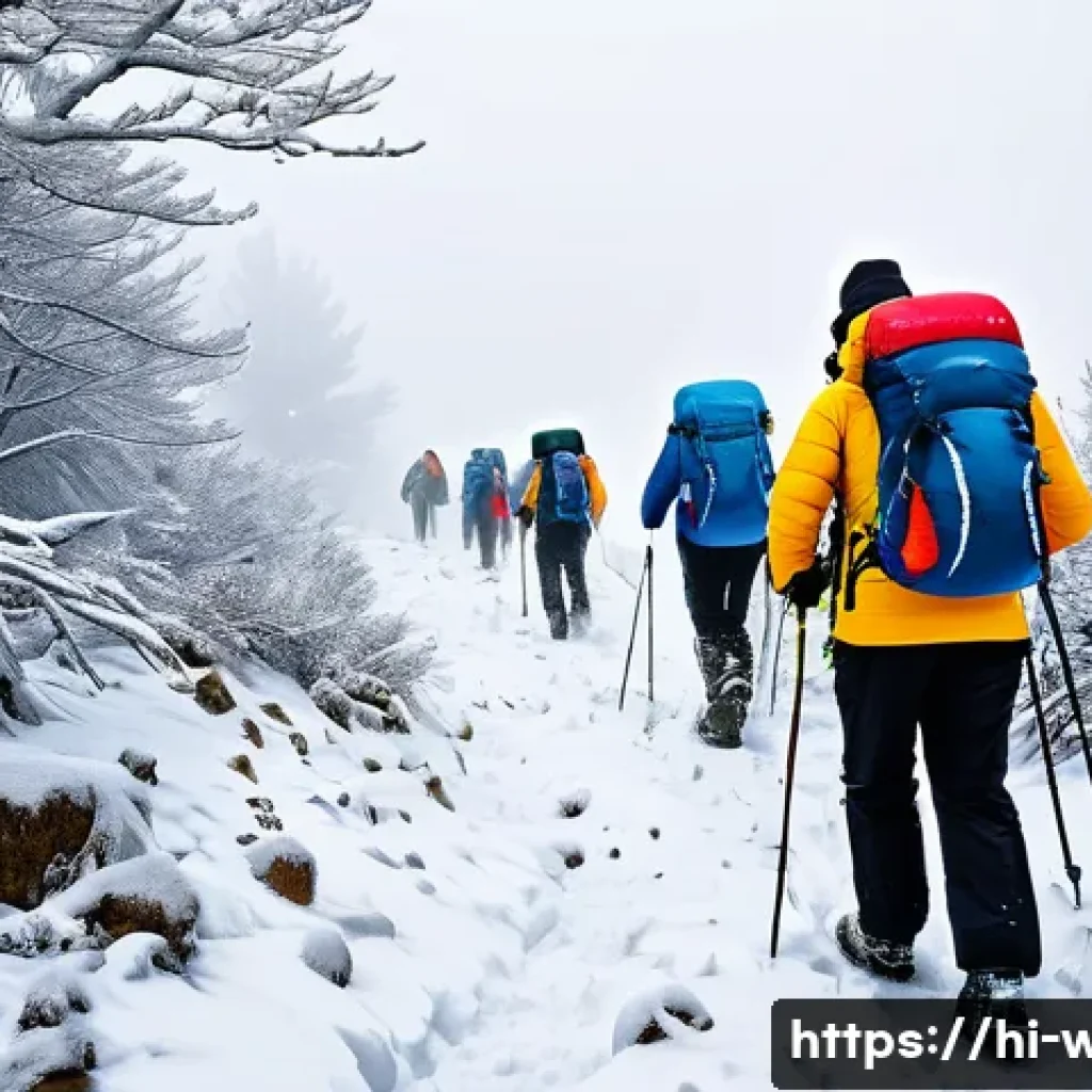 화이트 아웃 서바이벌 초보자 가이드 - A detailed winter survival scene in a whiteout condition featuring a group of hikers wearing layered...