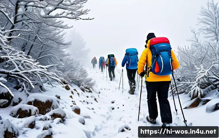 화이트 아웃 서바이벌 초보자 가이드 - A detailed winter survival scene in a whiteout condition featuring a group of hikers wearing layered...