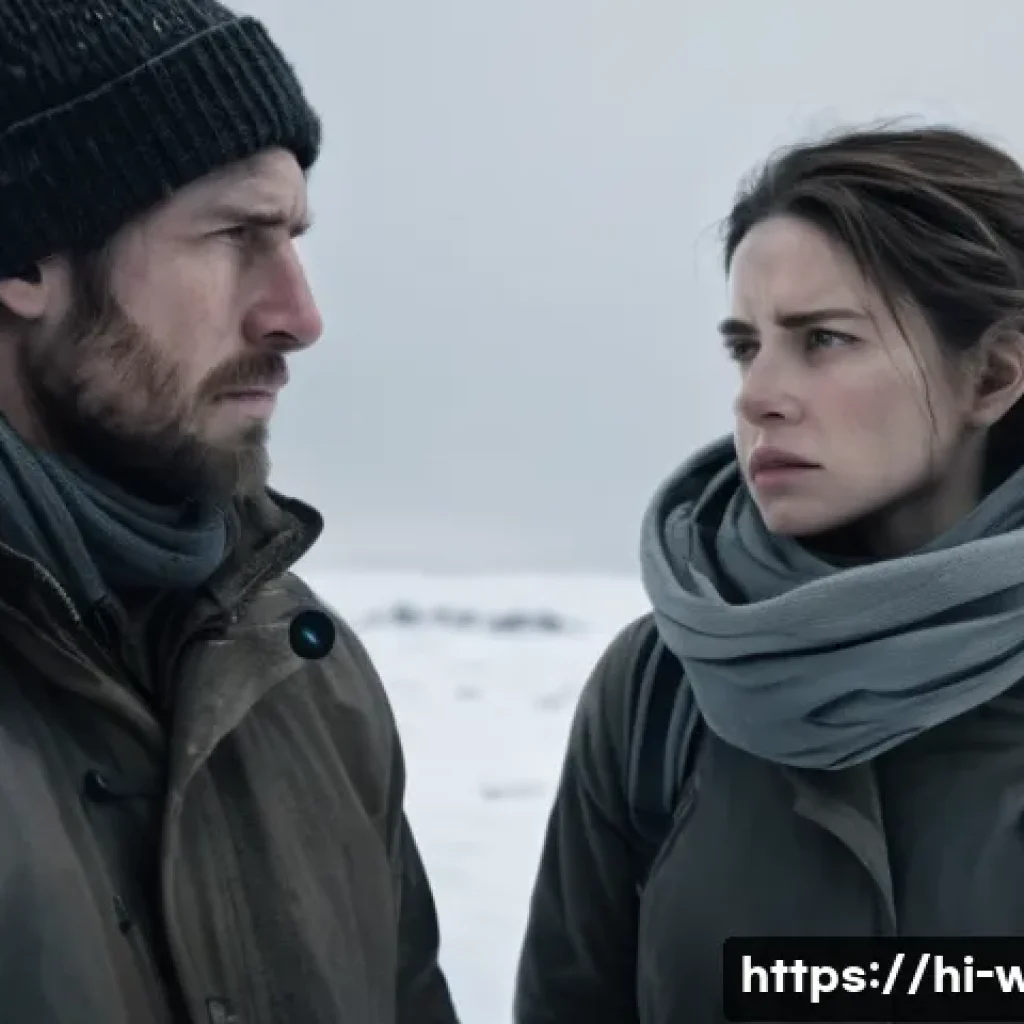 화이트 아웃 서바이벌 인기 팬픽 모음 - A dramatic scene featuring two characters from White Out Survival standing in a snowy, desolate land...