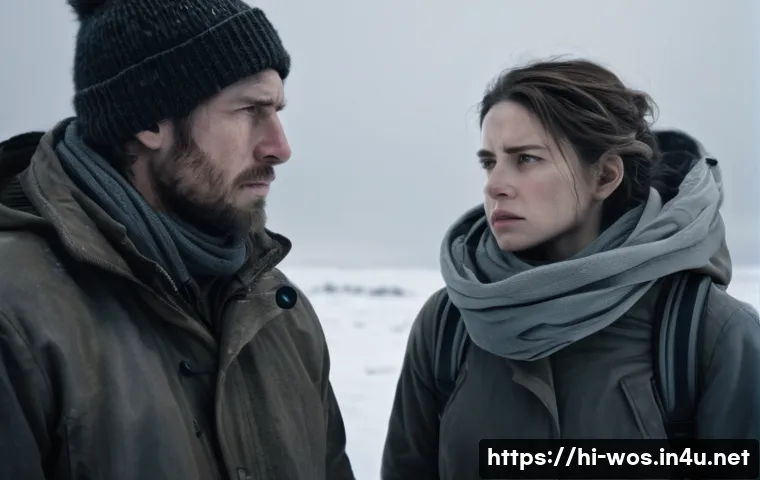 화이트 아웃 서바이벌 인기 팬픽 모음 - A dramatic scene featuring two characters from White Out Survival standing in a snowy, desolate land...
