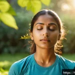 화이트 아웃 서바이벌 심리학적 접근 - A serene scene of a young Indian woman practicing the 4-7-8 breathing technique outdoors in a peacef...