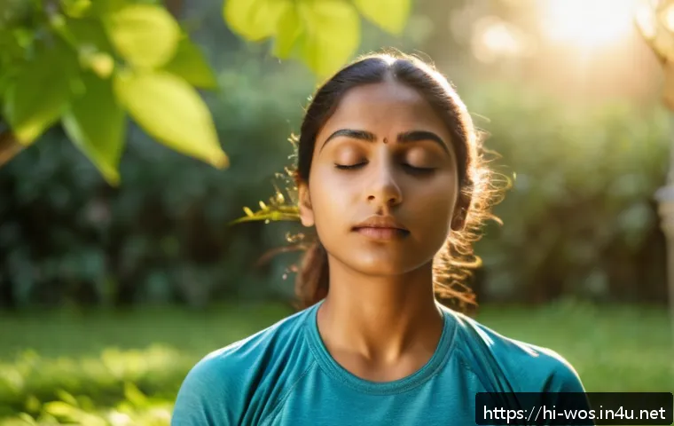 화이트 아웃 서바이벌 심리학적 접근 - A serene scene of a young Indian woman practicing the 4-7-8 breathing technique outdoors in a peacef...