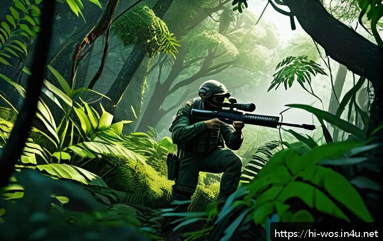 화이트 아웃 서바이벌 전투 스타일 추천 - A dynamic battle royale scene set in a dense jungle map from White Out Survival, featuring a skilled...