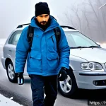화이트 아웃 서바이벌 날씨 변화 대처법 - A detailed winter roadside scene in a snowy mountainous region during a whiteout condition, showing ...