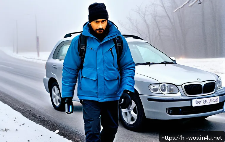 화이트 아웃 서바이벌 날씨 변화 대처법 - A detailed winter roadside scene in a snowy mountainous region during a whiteout condition, showing ...