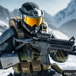 화이트 아웃 서바이벌 캐릭터 설문조사 - A balanced fighter character named Ryan in a dynamic action pose on a snowy battlefield, wearing tac...